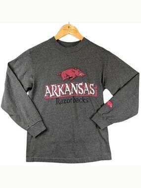 Arkansas Razorbacks T-Shirt Small Gray Cuffed Long Sleeve‎ Woo Pig Sooie Hogs